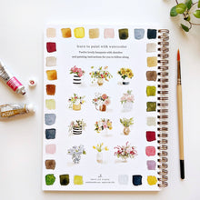 Load image into Gallery viewer, Bouquets Watercolor Workbook back of the book with a small image of each image in the book