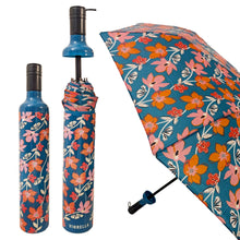 Load image into Gallery viewer, Vinrella Teal Tango Umbrella in a Bottle with the open umbrella, closed container and umbrella half out of the bottle