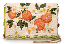 Load image into Gallery viewer, beaded handbag with an orange and orange flower floral design in shades of white, cream, green, and orange with a metal chain