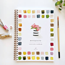 Load image into Gallery viewer, Bouquets Watercolor Workbook with image of flowers in a black and white vase