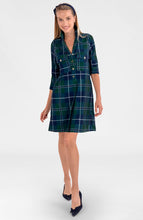 Load image into Gallery viewer, woman wearing Alli Dress Melville Tartan a green blue and white plaid