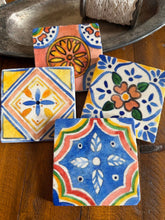 Load image into Gallery viewer, four Watercolor Talavera Stone Coasters each a different pattern in shades of green, blue, orange and yellow
