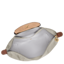 Load image into Gallery viewer, Longchamp Le Pliage Original Backpack - Medium in Pebble gray open to show white interior