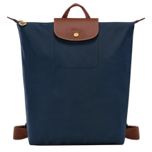 Load image into Gallery viewer, Longchamp Le Pliage Original Backpack in navy with brown leather trimming