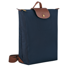 Load image into Gallery viewer, Longchamp Le Pliage Original Backpack in navy with brown leather trimming side view showing width