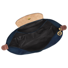 Load image into Gallery viewer, Longchamp Le Pliage Original Backpack in navy with brown leather trimming open showing white interior