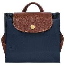 Load image into Gallery viewer, Longchamp Le Pliage Original Backpack in navy with brown leather trimming folded