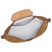 Load image into Gallery viewer, Longchamp Le Pliage Original Backpack in fawn with brown leather trimming open showing the white interior