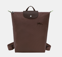 Load image into Gallery viewer, Longchamp Le Pliage Green/Recycled Canvas Backpack size Medium in brown mocha with brown leather trimming