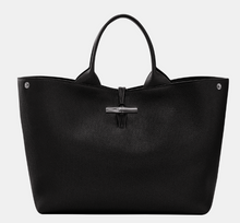 Load image into Gallery viewer, Black Longchamp Le Roseau Top Handle Large Handbag with silver hardware