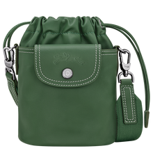 Load image into Gallery viewer, Longchamp Le Pliage Xtra Leather Bucket Bag - XS in British Green with white and silver accents