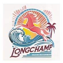 Load image into Gallery viewer, close up of pink horse, blue waves logo with Maroon text Longchamp and blue text Catch the Parisian wave