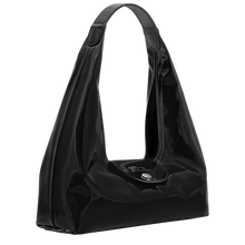 Load image into Gallery viewer, Longchamp Le Pliage Xtra Glossy Leather Shoulder Bag M in glossy black side view showing width