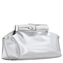 Load image into Gallery viewer, glossy silver clutch with silver metal hardware side view to show width