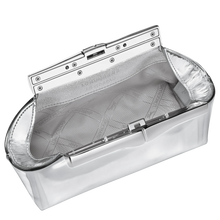 Load image into Gallery viewer, glossy silver clutch with silver metal hardware open to show silver interior