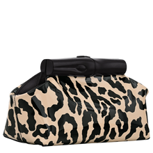 Load image into Gallery viewer, Longchamp Le Roseau Panthère S Leather Clutch Pouch with Beige and black Black animal print and black hardware side view to show width