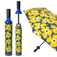 Load image into Gallery viewer, three views of the Vinrella Nikki on Blue Bottle Umbrella 1 in bottle shaped case one with case open with umbrella still in case, one with open umbrella
