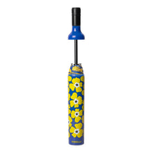 Load image into Gallery viewer, bottle shaped umbrella case blue printed with large yellow flowers showing that the top of the bottle is the handle of the umbrella