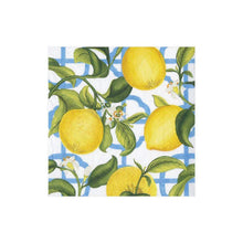 Load image into Gallery viewer, cocktail napkin illustrated with lemons and lemon flowers on a blue and white lattice