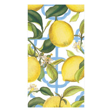 Load image into Gallery viewer, guest towel illustrated with lemons and lemon flowers on a blue and white lattice