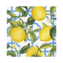 Load image into Gallery viewer, Luncheon napkin with lemons and lemon flowers on a blue and white lattice