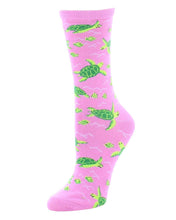 Load image into Gallery viewer, pink sock with green sea turtles and fish