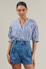 Load image into Gallery viewer, person wearing Catana Striped Split Neck Top blue and white stripes ticking into shorts