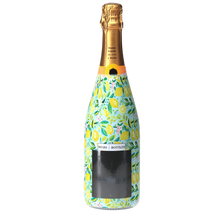 Load image into Gallery viewer, Champagne Bottle covered with the Preppy Lemons Champagne Bottle Wrap back view