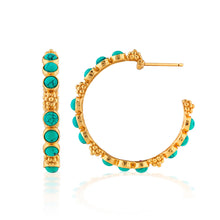 Load image into Gallery viewer, Capucine de Wulf Berry Gem Medium Hoop Earrings - Turquoise showing pattern of three stones interspersed with gold berries side view showing post