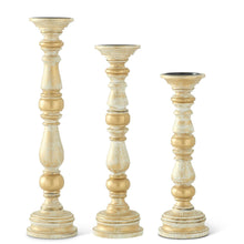 Load image into Gallery viewer, Gold Whitewashed Carved Wood Spindle Candleholders