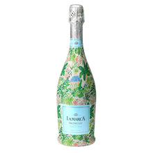 Load image into Gallery viewer, Champagne Bottle covered with the Verde Palm Pavilion Prosecco Bottle Wrap