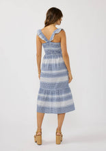 Load image into Gallery viewer, person wearing a Navy & White Stripe Smocked Midi Dress back view showing the shoulder straps attaching to the center of the back of the dress