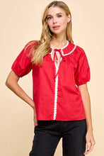 Load image into Gallery viewer, Embroidery Trim Puff Sleeve Top - Red