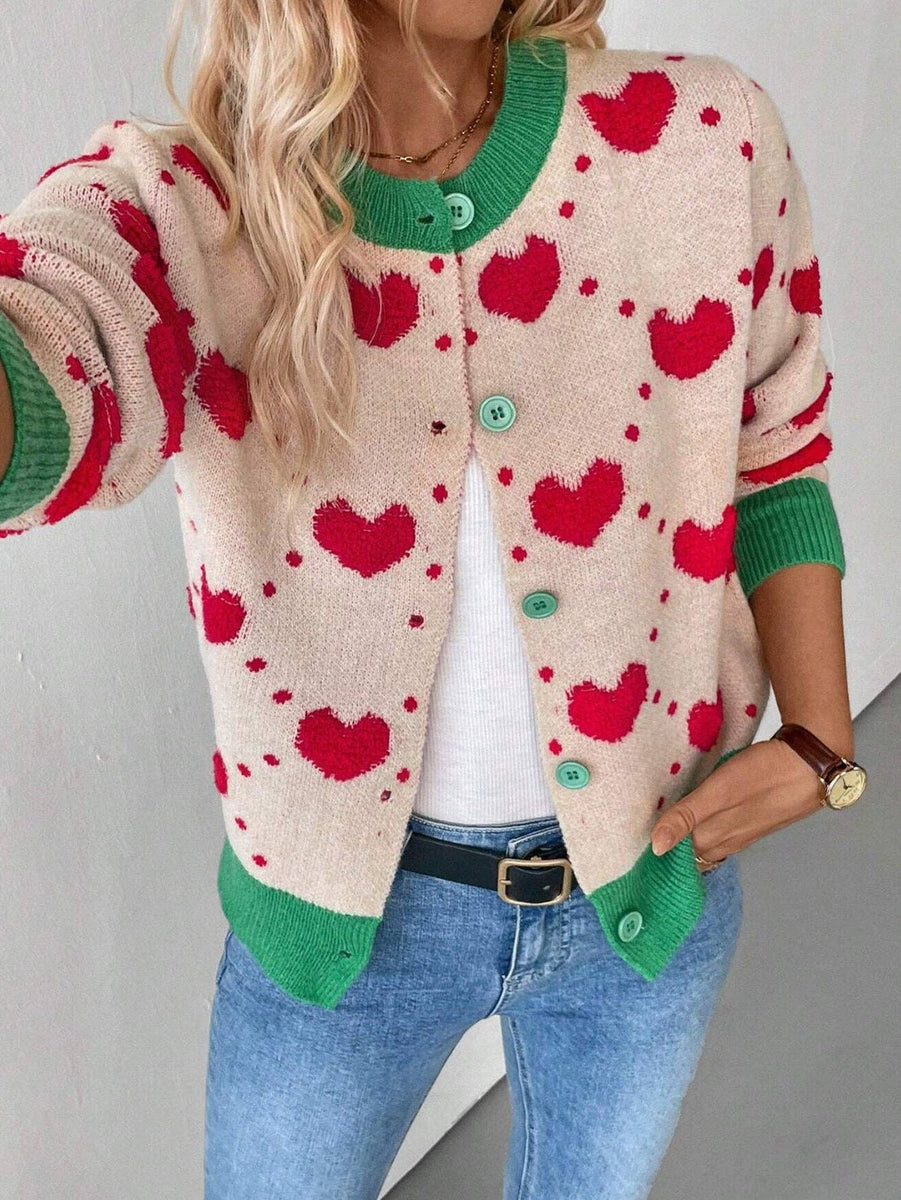Valentine Day Heart Crochet Color Block Cardigan - Apricot