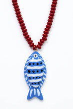 Load image into Gallery viewer, Vibrant Fish Pendant Beaded Necklace with blue black and white fish pendant and red necklace