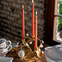 Load image into Gallery viewer, Juliska Forest Walk Pumpkin & Vine Triple Candlestick Holder with red/amber candles on a fall table