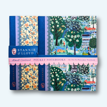 Load image into Gallery viewer, Pocket Notebook Duo - Paris Afternoon two notebooks with busy print covers one a Paris street scene the other a blue and pink floral pattern on a cream background