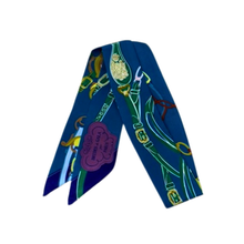 Load image into Gallery viewer, Equestrian Chain & Medallion Print Skinny Scarf in blues and greens