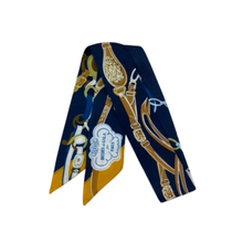Load image into Gallery viewer, Equestrian Chain & Medallion Print Skinny Scarf in navy and browns