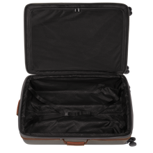 Load image into Gallery viewer, Longchamp Boxford Suitcase Embossed Style xl brown open showing the black interior of the case with straps