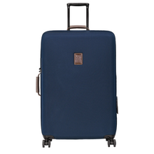 Load image into Gallery viewer, Longchamp Boxford Suitcase Embossed Style - xl blue suitcase wit wheels, side handle top handle that is extendable and small leather logo in the upper center of the case