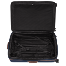 Load image into Gallery viewer, Longchamp Boxford Suitcase Embossed Style xl blue open showing the black interior of the case with straps