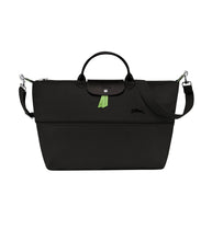 Load image into Gallery viewer, Partly expanded Longchamp Le Pliage Green Travel Bag Expandable in Black canvas and black leather