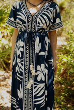 Load image into Gallery viewer, woman wearing the woman in Cora Caftan in the woods close up cord waist line