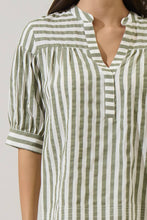 Load image into Gallery viewer, Catana Striped Split Neck Top green and white stripes close up on neckline and short sleeves