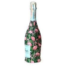 Load image into Gallery viewer, Champagne Bottle covered with the Palm Flamingo Club Bottle wrap side view