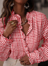 Load image into Gallery viewer, Gingham Check Plaid Ruffled Blouse red and white