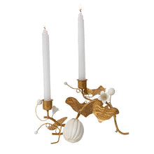Load image into Gallery viewer, Juliska Forest Walk Pumpkin & Vine Double Candlestick Holder with white taper candles to match the white pumpkins on the candlestick holders