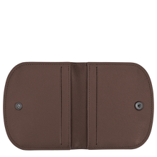 Load image into Gallery viewer, Longchamp Le Pliage Xtra Card Holder in Mocha a deep brown showing interior showing pockets and snaps