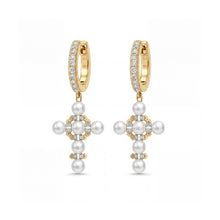 Load image into Gallery viewer, Crislu Brilliant & Pearl Cluster Cross Hoop Earrings in gold